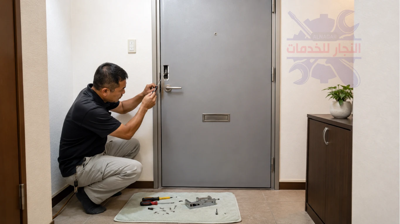فني يستخدم ادواته فى فتح قفل باب المنيوم