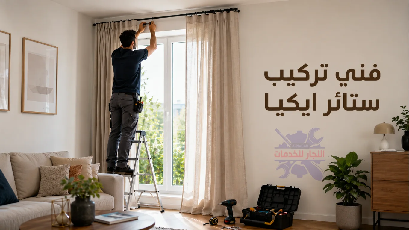 فني تركيب ستائر ايكيا الكويت يضبط ارتفاع الستارة فى صالون منزل احد عملائنا.