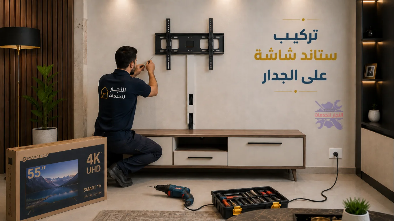 الشكل النهائي بعد تركيب ستاند شاشه على الجدار وتمديد الوصلات والأسلاك الكهربائية داخل مجاري بلاستيك