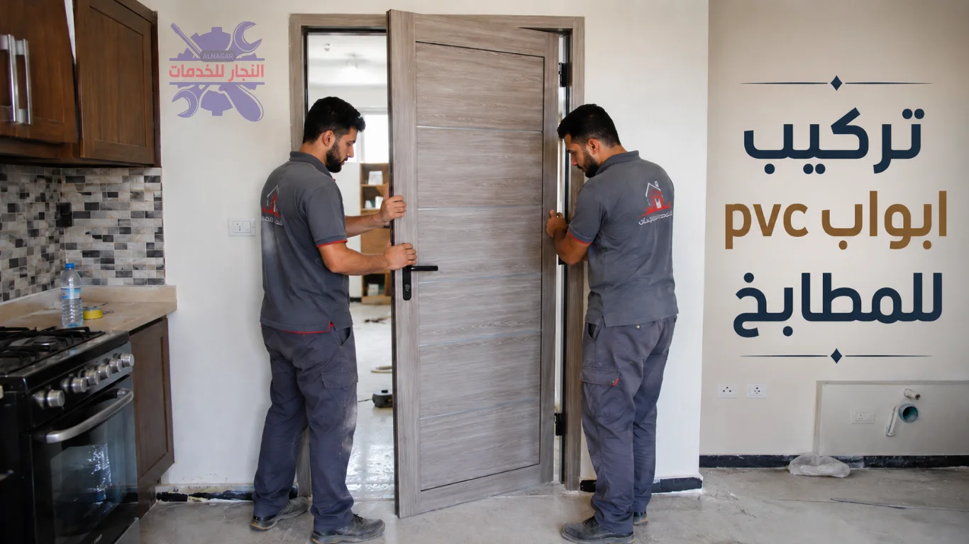 نجار تركيب أبواب PVC الكويت - أسعار أبواب pvc فى الكويت - خدمه احترافيه وسريعة 2 نجار محترف اثناء تركيب باب pvc فى مطبخ داخل شقه سكنيه